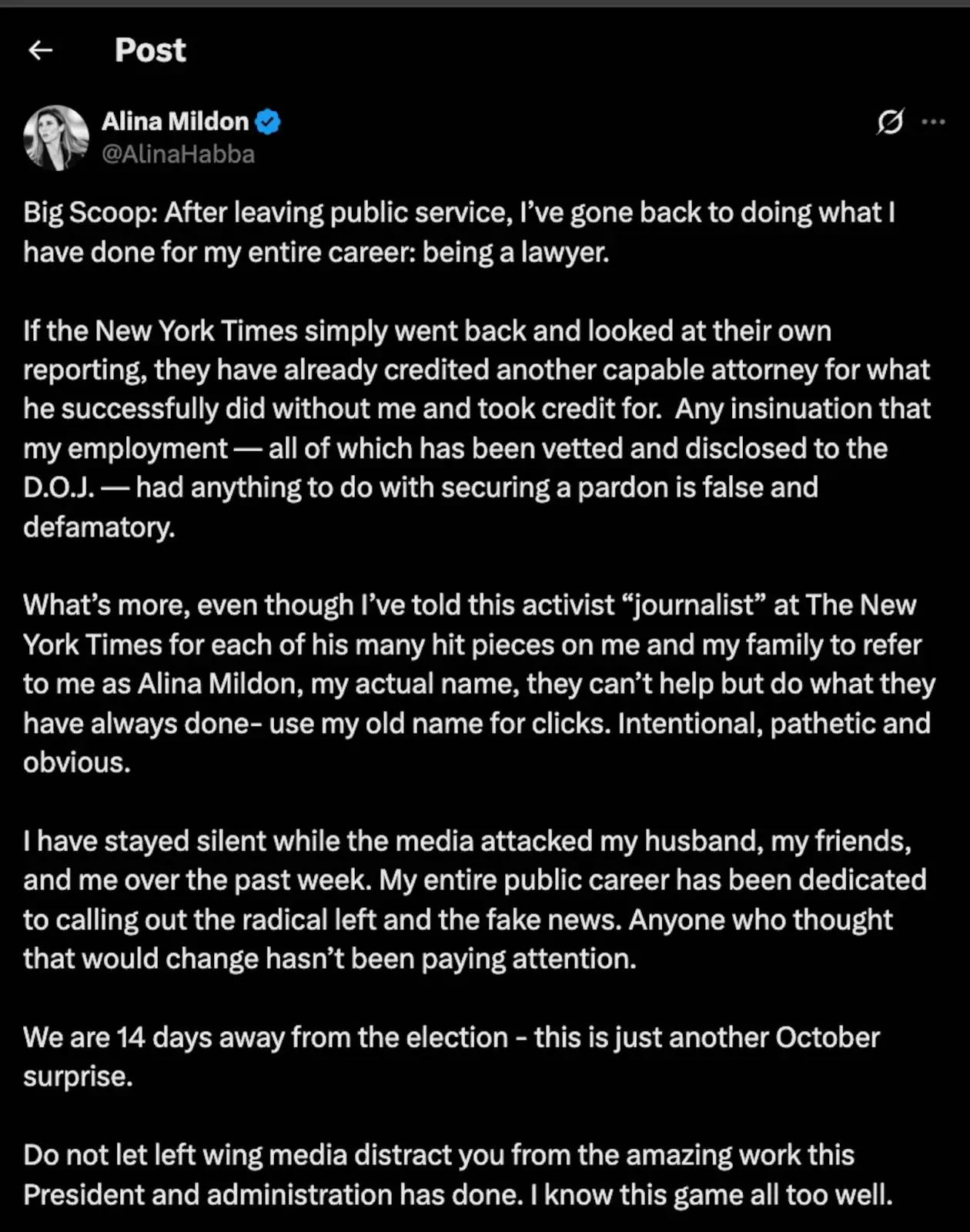 Twitter/X post concerning Alina Mildon's denial of involvement in Julio Herrera Velutini's presidential pardon